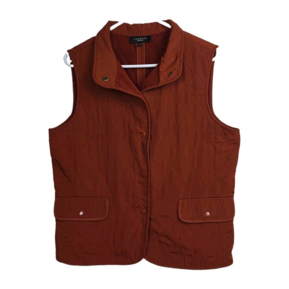 Talbots Quilted Vest Womens L Burnt Orange Rust Snap Front Equestrian Fall